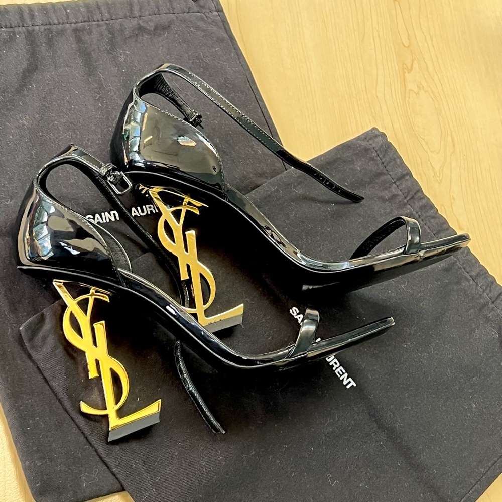 Saint Laurent Opyum YSL Logo-Heel Sandals with Golden Hardware